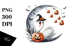 Watercolor Swan Halloween Moon PNG Product Image 1