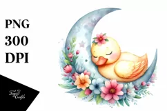Vibrant Watercolor Whimsical Duck Sleeping on the Moon Product Image 1