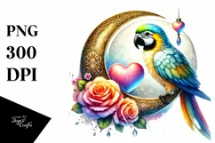 Adorned Parrot Sitting on Moon PNG Product Image 1