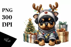Watercolor Rottweiler with Reindeer Horns between Gift Boxes Product Image 1