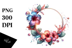 Shiny Hibiscus Frame, Watercolor PNG Product Image 1