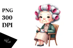Tea Cup Old Lady Hair Curlers Chair | Sublimation Clipart Product Image 1