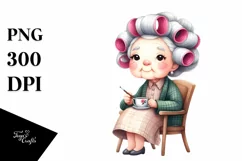 Tea Cup Old Lady Hair Curlers Chair | Sublimation Clipart Product Image 1