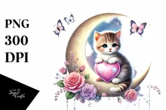 Pastel Kitten Sitting on Moon PNG Product Image 1