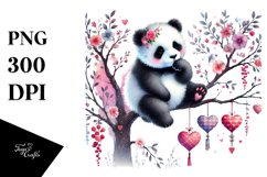 Adorned Panda on Tree Branch with Hanging Hearts PNG Product Image 1