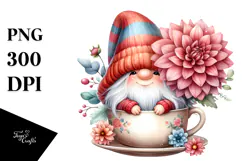 Cute Gnome with Dahlia Floral Cup PNG Product Image 1