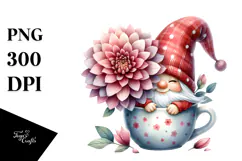Cute Gnome with Dahlia Floral Cup PNG Product Image 1