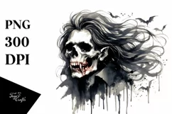 Washed Watercolor Style Halloween Vampire Skull with Hair Product Image 1