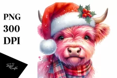 Pink Highland Cow with Santa Hat, PNG Product Image 7