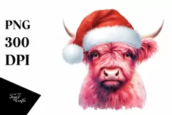 Pink Highland Cow with Santa Hat, PNG Product Image 7