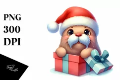 Watercolor Walrus with Santa Hat PNG Product Image 1