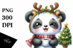 Watercolor Panda with Reindeer Horns and Lights PNG Product Image 3