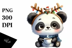 Watercolor Panda with Reindeer Horns and Lights PNG Product Image 3