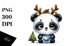 Watercolor Panda with Reindeer Horns and Lights PNG Product Image 1