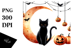 Simple Watercolor Black Cat Half Moon Hang PNG Product Image 1