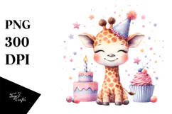 Cute Baby Giraffe with Party Hat, PNG Product Image 1