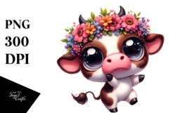 Ridiculously Cute Cartoon Cow with Flower Crown PNG Product Image 1