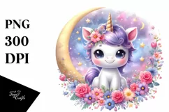 Baby Unicorn in Cosmos Floral Frame on the Moon Product Image 1