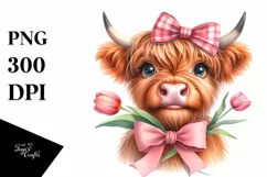 Shy Highland Cow with Tulip and Rose | Sublimation | Clipart Product Image 1