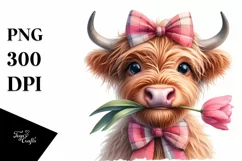 Shy Highland Cow with Tulip and Rose | Sublimation | Clipart Product Image 3