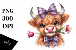 Shy Highland Cow with Tulip and Rose | Sublimation | Clipart Product Image 3