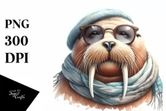 Funny Cute Walrus Portrait with Scarf | Clipart Product Image 1