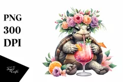Watercolor Young Turtle enjoying Cocktail Clipart Product Image 1
