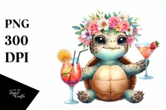 Watercolor Young Turtle enjoying Cocktail Clipart Product Image 3