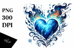 Blue Fire Heart, Watercolor PNG Product Image 1