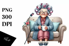 Tea Cup Old Lady Hair Curlers Couch | Sublimation Clipart Product Image 3