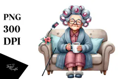 Tea Cup Old Lady Hair Curlers Couch | Sublimation Clipart Product Image 1