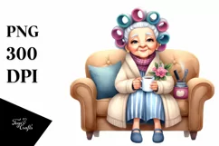 Tea Cup Old Lady Hair Curlers Couch | Sublimation Clipart Product Image 1