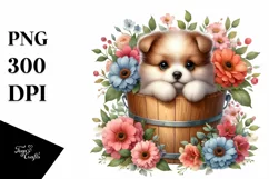 Cute Baby Dog with Flowers, PNG Product Image 1