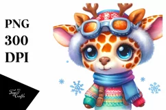 Watercolor Giraffe with Reindeer Horns and Sky Goggles PNG Product Image 1
