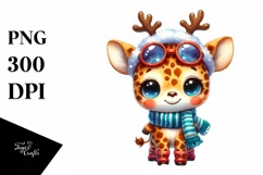 Watercolor Giraffe with Reindeer Horns and Sky Goggles PNG Product Image 1