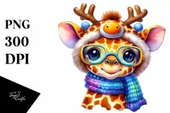 Watercolor Giraffe with Reindeer Horns and Sky Goggles PNG Product Image 3