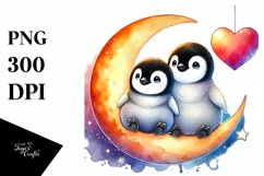 Colorful Baby Penguin Sitting on Moon PNG Product Image 1