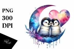 Colorful Baby Penguin Sitting on Moon PNG Product Image 1