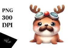 Watercolor Walrus with Reindeer Horns and Sky Goggles PNG Product Image 3