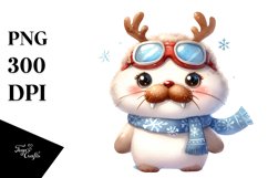 Watercolor Walrus with Reindeer Horns and Sky Goggles PNG Product Image 3