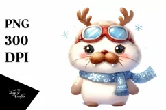 Watercolor Walrus with Reindeer Horns and Sky Goggles PNG Product Image 3