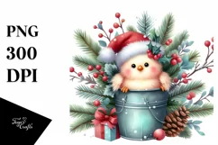 Pastel Chicken in Santa Hat, Watercolor PNG Product Image 1
