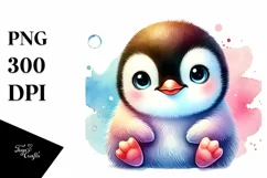 Cute Baby Penguin Watercolor, PNG Product Image 1