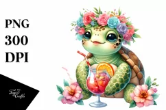 Watercolor Young Turtle enjoying Cocktail Clipart Product Image 1