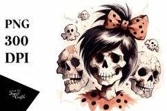 Washed Watercolor Style Halloween Skull with Hair and Bow, Product Image 1