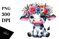 Cartoon-Style Sitting Cow Flower Crown | Sublimation Clipart Product Image 1