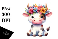 Cartoon-Style Sitting Cow Flower Crown | Sublimation Clipart Product Image 1