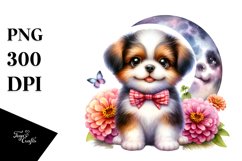 Watercolor Babydog Zinnia and Moon | Sublimation | Clipart Product Image 1