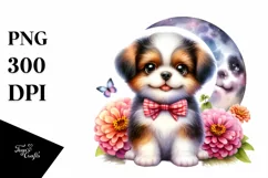 Watercolor Babydog Zinnia and Moon | Sublimation | Clipart Product Image 1