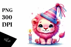 Cute Baby Lion with Party Hat, PNG Product Image 1